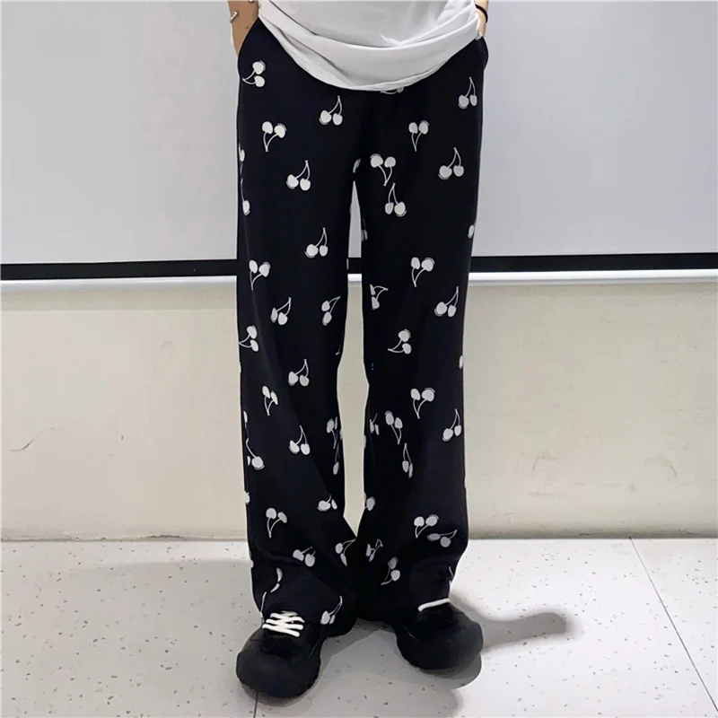 

New Spring Pants Men Women Harajuku Streetwear Loose Elastic Waist Wide Leg Cherry Print Casual Straight Trousers Female