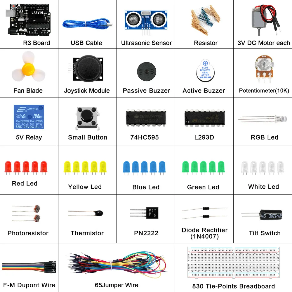 LAFVIN базовый стартовый комплект для Arduino для UNO R3, с макетной платой, светодиодный, резистор, перемычки и блок питания