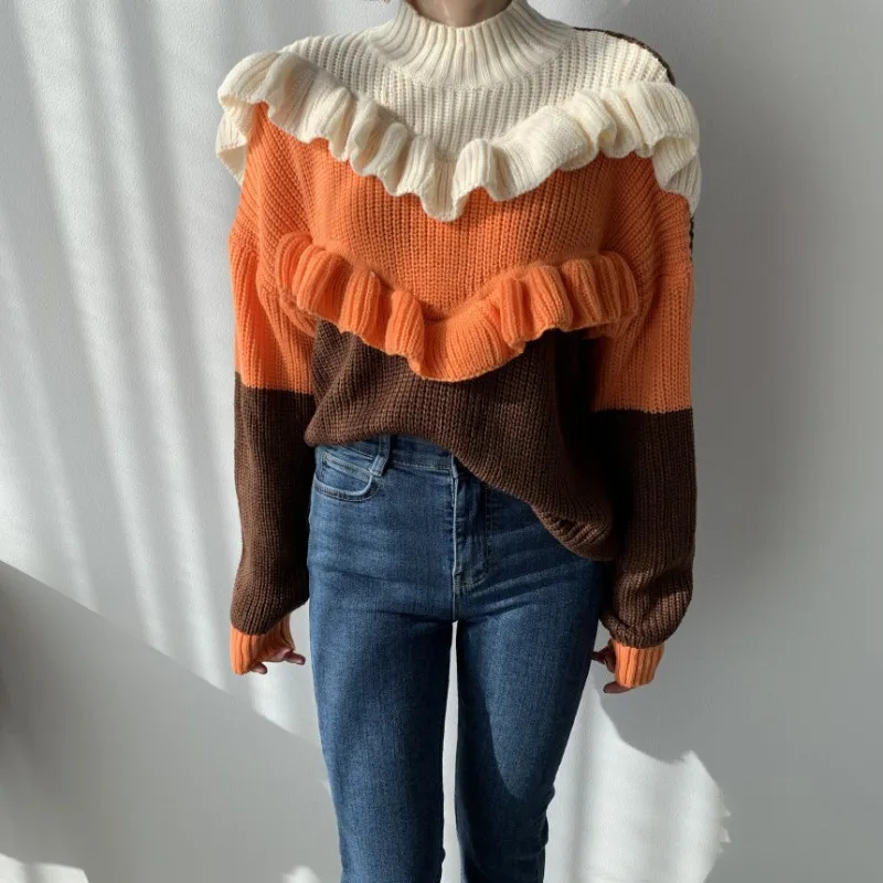 

Повседневные модные пуловеры с оборками в стиле пэчворк свитера 2021 Осень Зима Водолазка с длинным рукавом теплый вязаный джемпер для женщи...