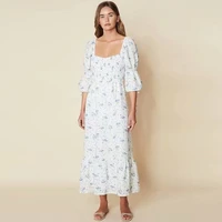 floral print french long dress women vintaeg square collar lantern sleeve bandage fit and flare ruffle party dress for summer