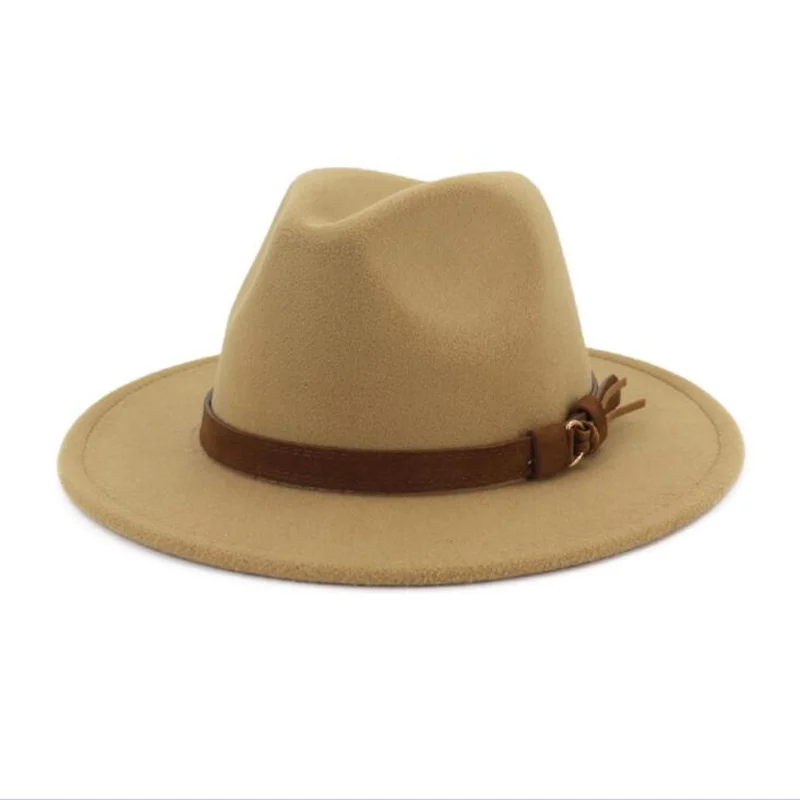 Шерстяная шляпа Fedora для женщин и мужчин, джаз, церковь, Панама, шляпа с кожаная лента, Элегантная Леди, зима, осень, широкие шляпы сомбреро - Цвет: camel