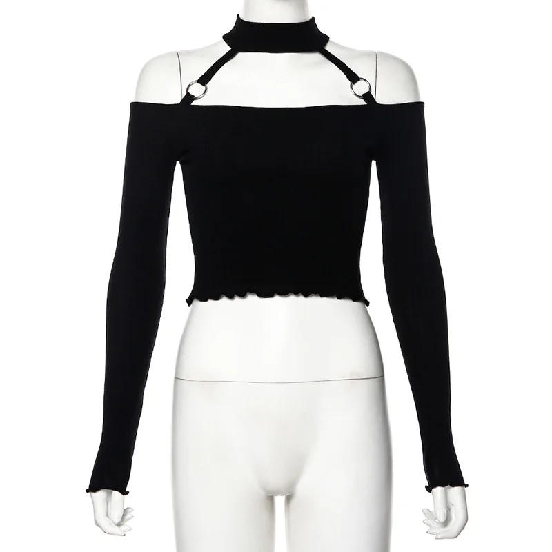

Y2K EGIRL 2000s Streetwear Off Shoulder Halter Tops Pastel Goth Ruffles Long Sleeve Black Crop Tops Y2K Vintage Tees Spring 2021