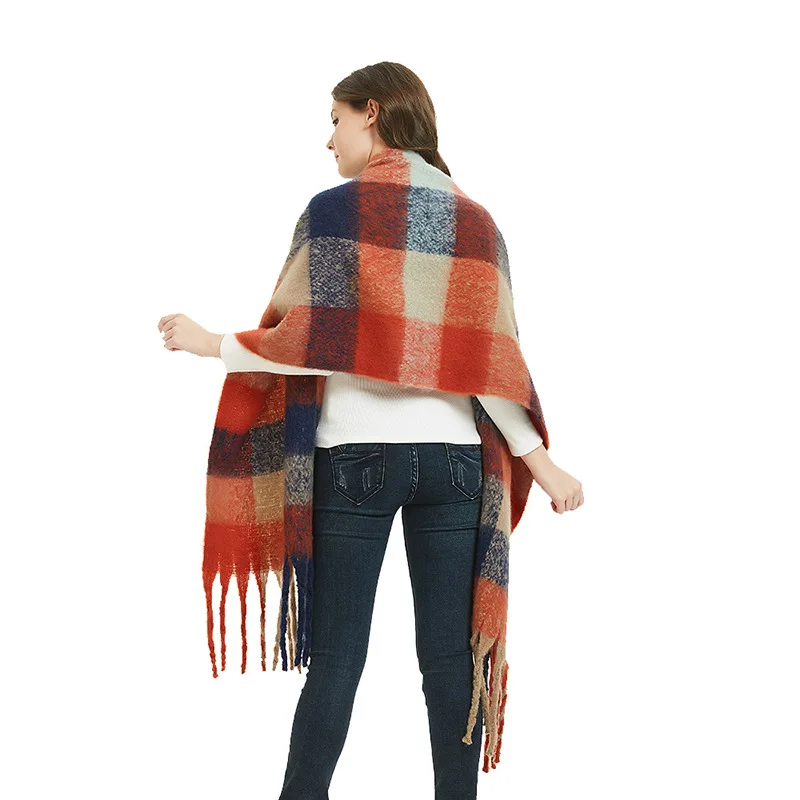 Клетчатый женский шарф широкие клетчатые цветные кашемировые шарфы с кисточками
