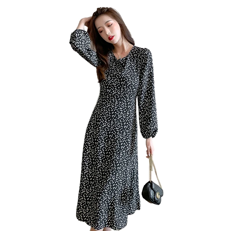 

High Quality Floral Chiffon Long Dress Shirt Spring 2021 One Piece Vintage Boho Clothing Thick Winter Casual Female Maxi Robe