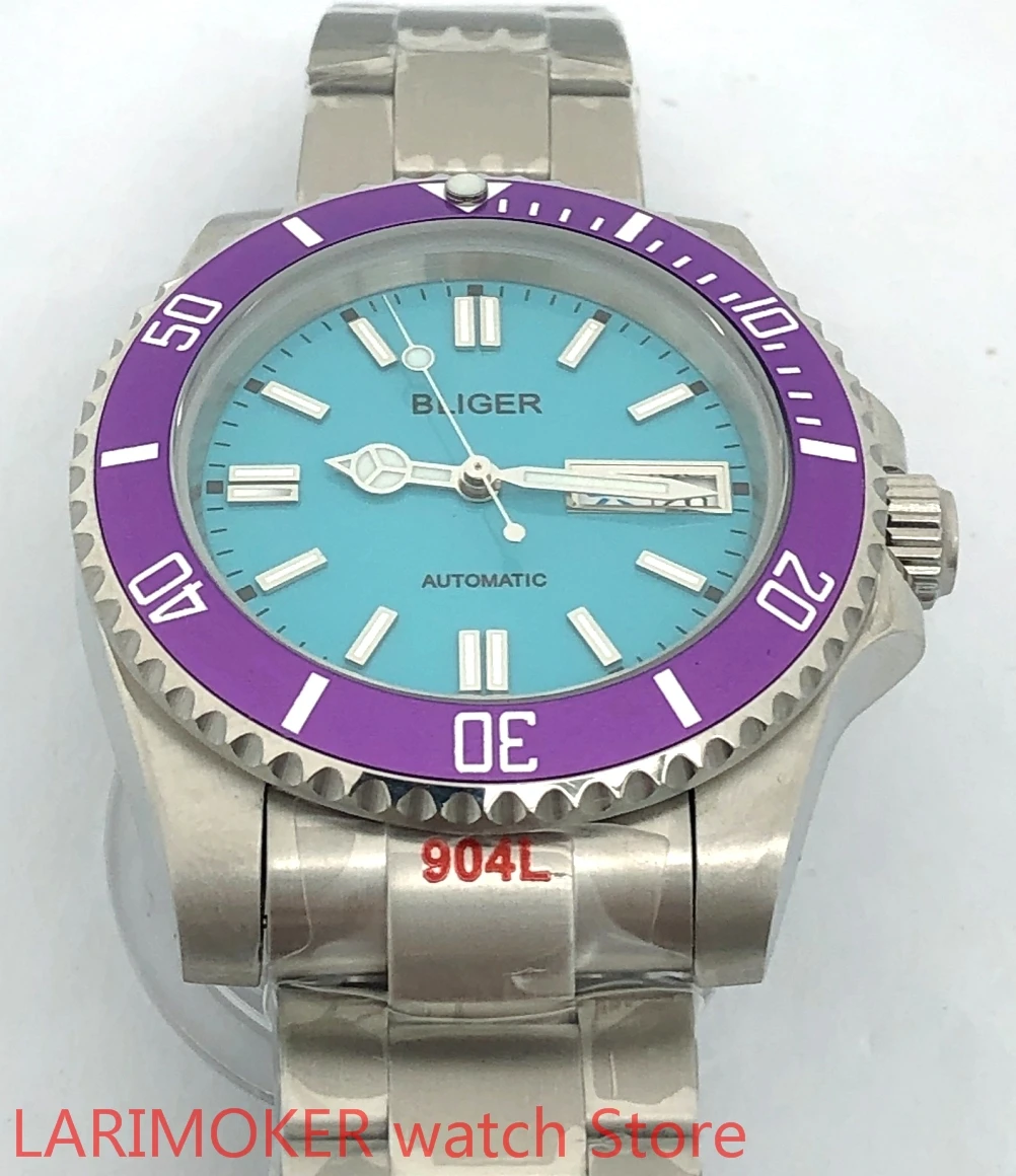 

Men's New High Quality Luxury Sports and Leisure Waterproof Men's Watch Mechanical Clock MH36 Cases Sea blue Dial purple Bezel