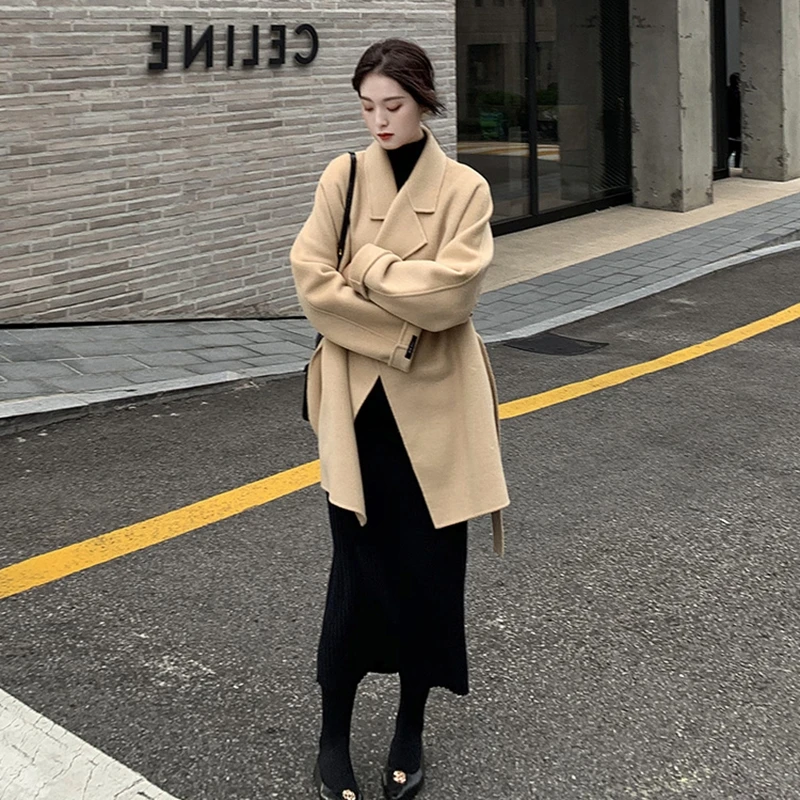 

Женское длинное кашемировое пальто, свободное кашемировое пальто из искусственной шерсти, верхняя одежда в Корейском стиле на осень и зиму,...