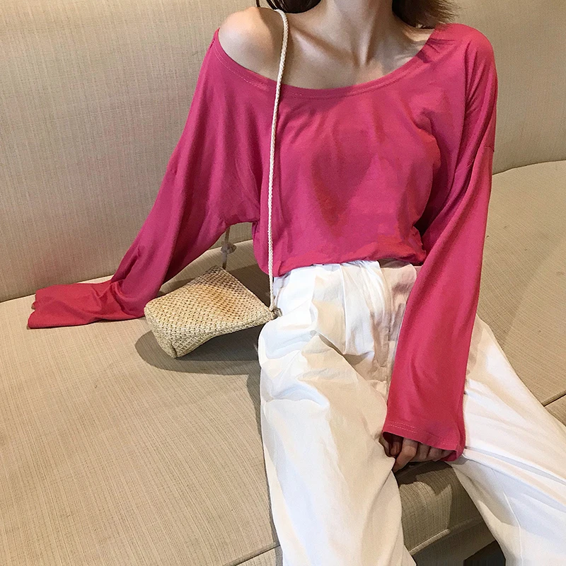 

Spring and autumn style casual loose o-neck blue T-Shirts full Korean fashion brand high quality Trend temperament ladies tops