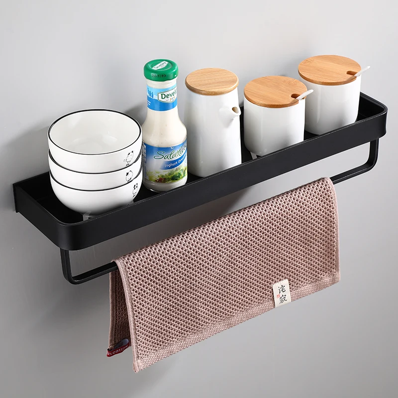 Черная Алюминиевая кухонная полка для ванной комнаты одноярусная шампуня