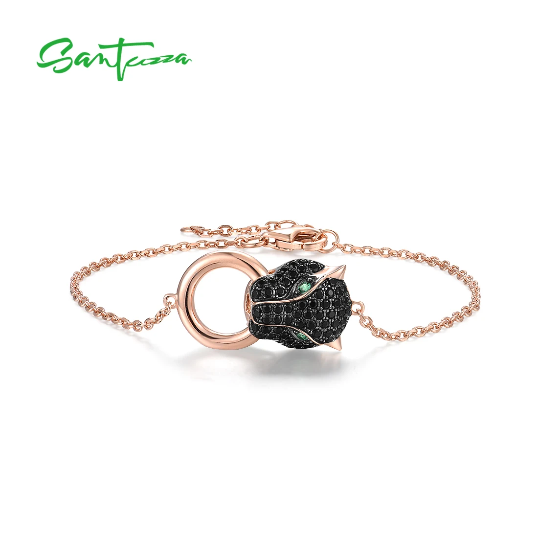 

SANTUZZA 100% 925 Sterling Silver Bracelets For Women Black Spinel Leopard Head Panther Chain Link Gold Color Gifts Fine Jewelry