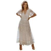 summer dress women deep v neck lace half sleeves hollow out see through patchwork ladies maxi dress white