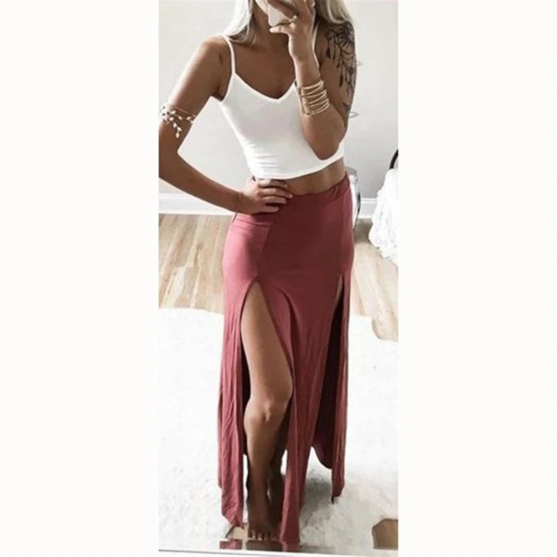 

2020 New Arrival High Waisted Sexy Womens Double Slits Summer Solid Long Maxi Skirt Wholesale Valentine's Day Gifts
