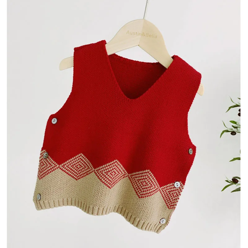 

New 3-24M Infant Knitted Clothes Baby Boys Red Cute Hedging Vest Child Spring and Autumn Pure Cotton Soft Outing Sweater
