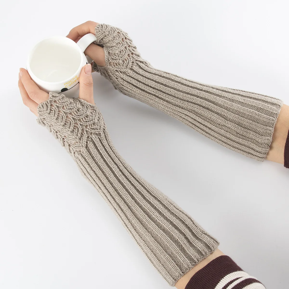 

Women Fingerless Long Gloves Thumbhole Knit Arm Warmer Sleeve Elbow Length UK