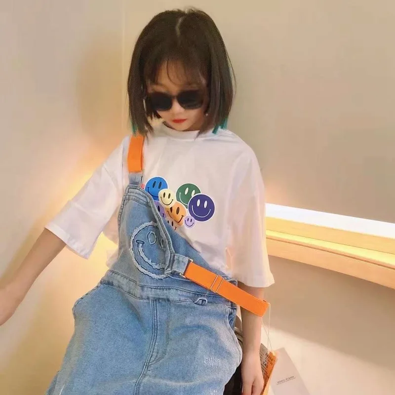 

Children's clothing 2021 spring new children's pants, children's smiling face strap pants girls' fashion trendy