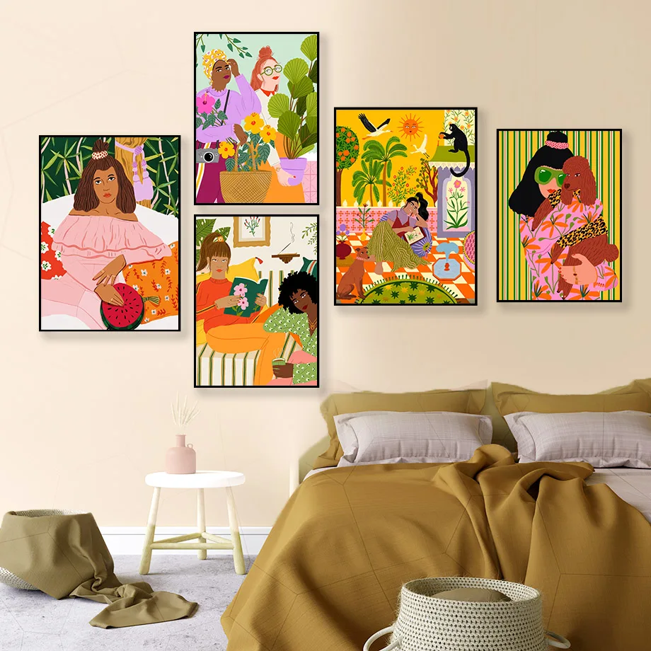 

Natural Retro Wall Art Abstract Colorful Girl Dog Flower Posters Prints Vintage Canvas Painting For Living Room Decor Unframed