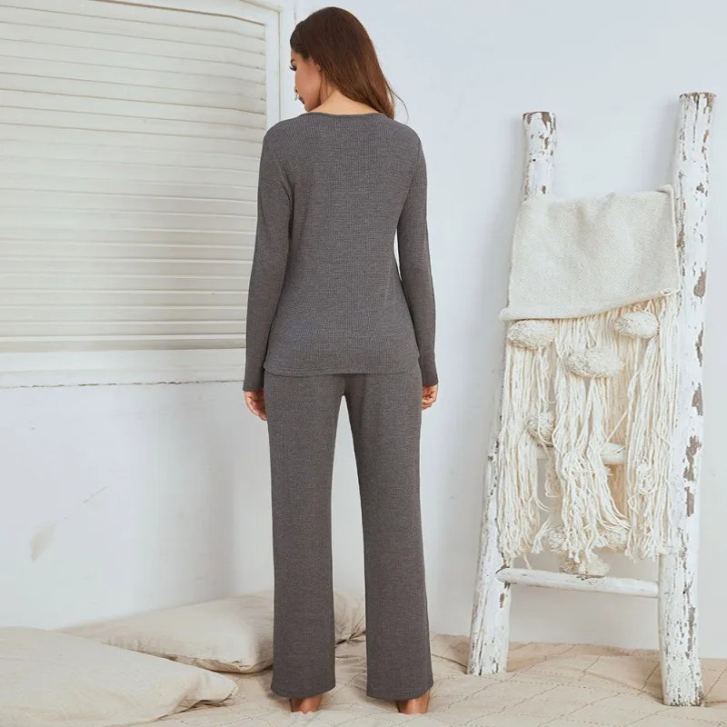 

Women V-Neck Sleepwear Home Wear Short Sleeves Top with Pants Pajama Set Casual Long-sleeved Pajamas Suit