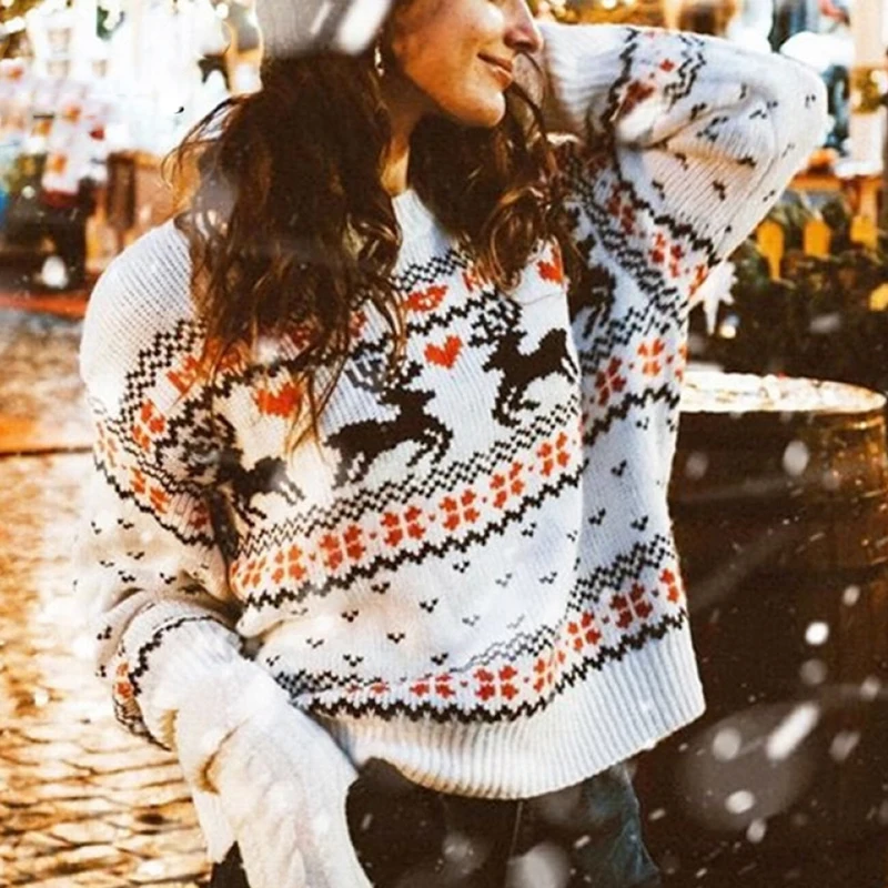 

Женский трикотажный пуловер с круглым вырезом, длинным рукавом и принтом оленя