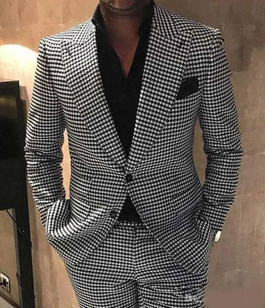 

Houndstooth Groom Tuxedos Peak Lapel Men's Wedding Tuxedo Fashion Mens Jacket Blazer Men Prom Dinner Darty Suit Jacket+Pants+Tie