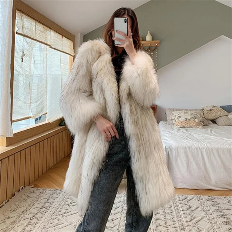 Imitation fox fur coat women's long style new autumn and winter warm raccoon fur clothes large casual windbreaker дубленка