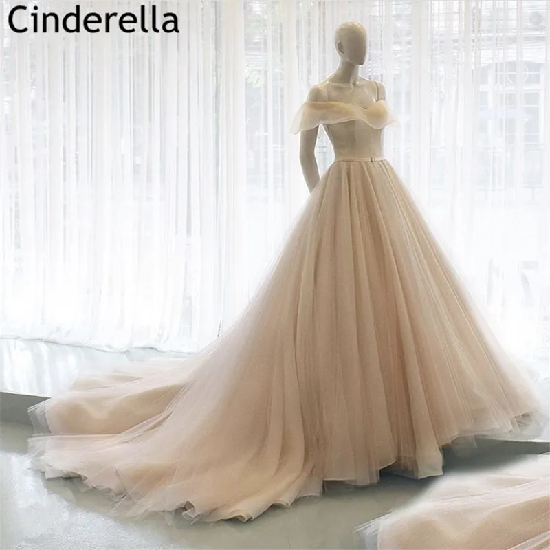 

Свадебные платья цвета шампанского с открытыми плечами, а-силуэт, со шлейфом, свадебные платья из Мягкого Тюля с молнией на спине, vestido de noiva