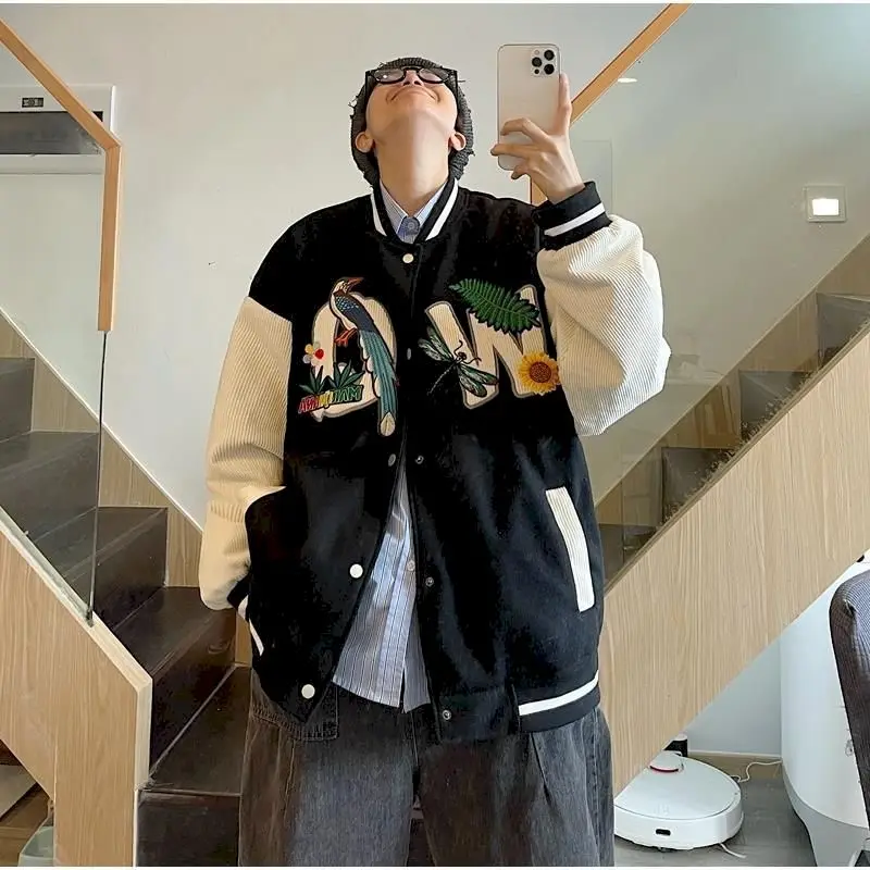 

Baseball Jacket Women's Corduroy Sleeves Embroidery Stitch Cardigan Short Coat Autumn Winter Male Loose High Street Gothic Top