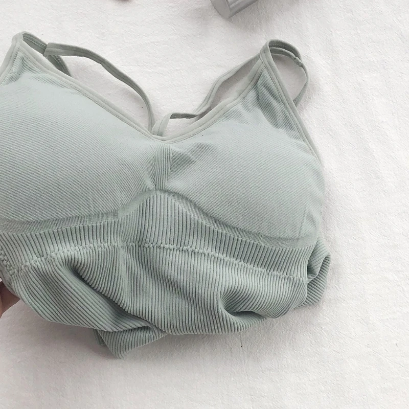 

5pcs Women Sexy V Neck Strappy Sport Bra Solid Color Wireless Yoga Workout Camisole Bralette Padded Ribbed Underwear