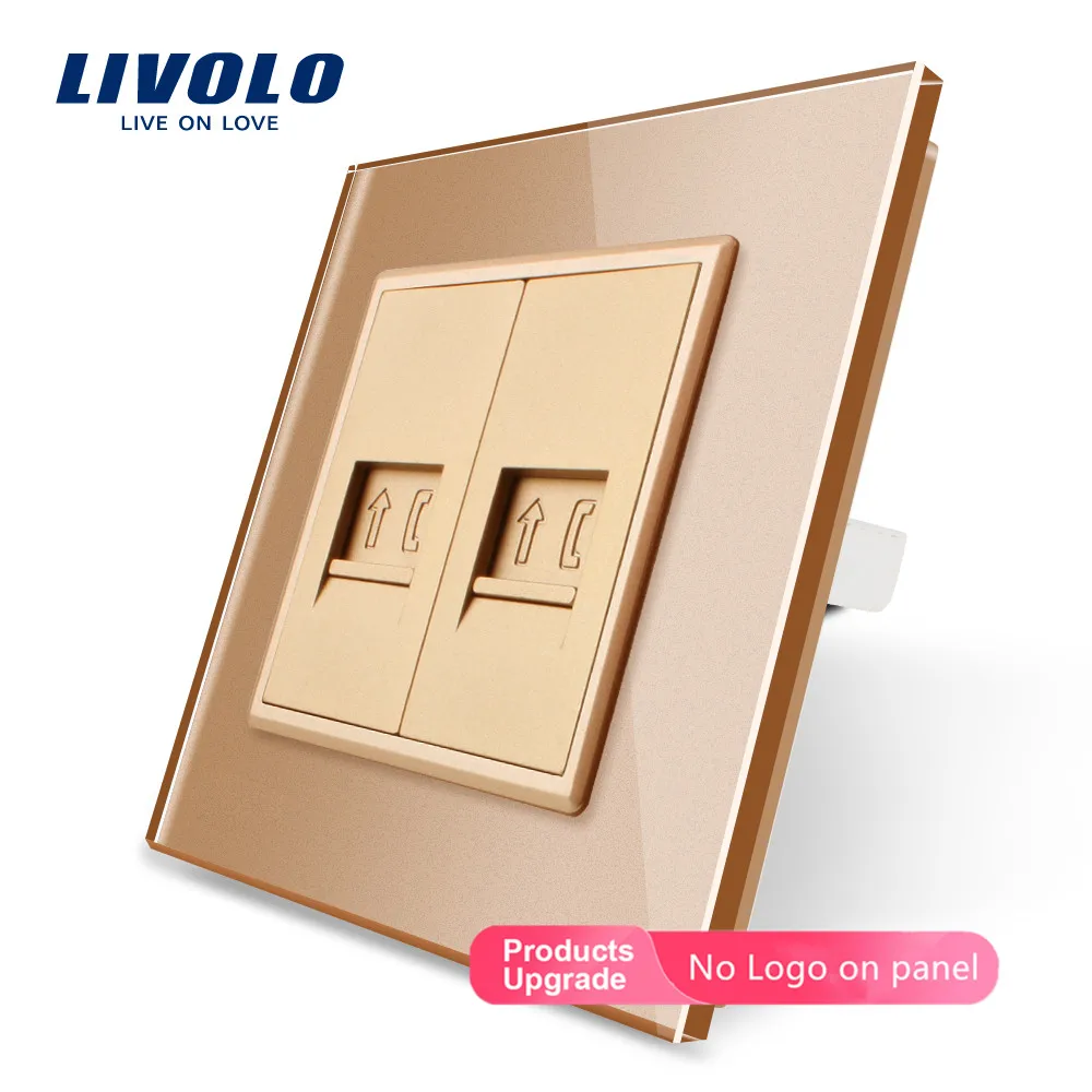 Gold-No logo Livolo производство, 4 цвета Хрустальная стеклянная панель, 2 банды телефонная розетка/розетка VL-C792T-11, без адаптера, без логотипа - Тип: Gold-No logo