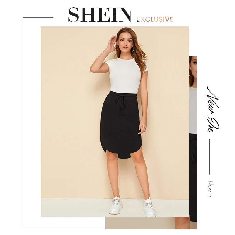 SHEIN черная Однотонная юбка с завязками спереди и высоким низким подолом Женская юбка Осенняя Женская Асимметричная Повседневная юбка длиной до колена