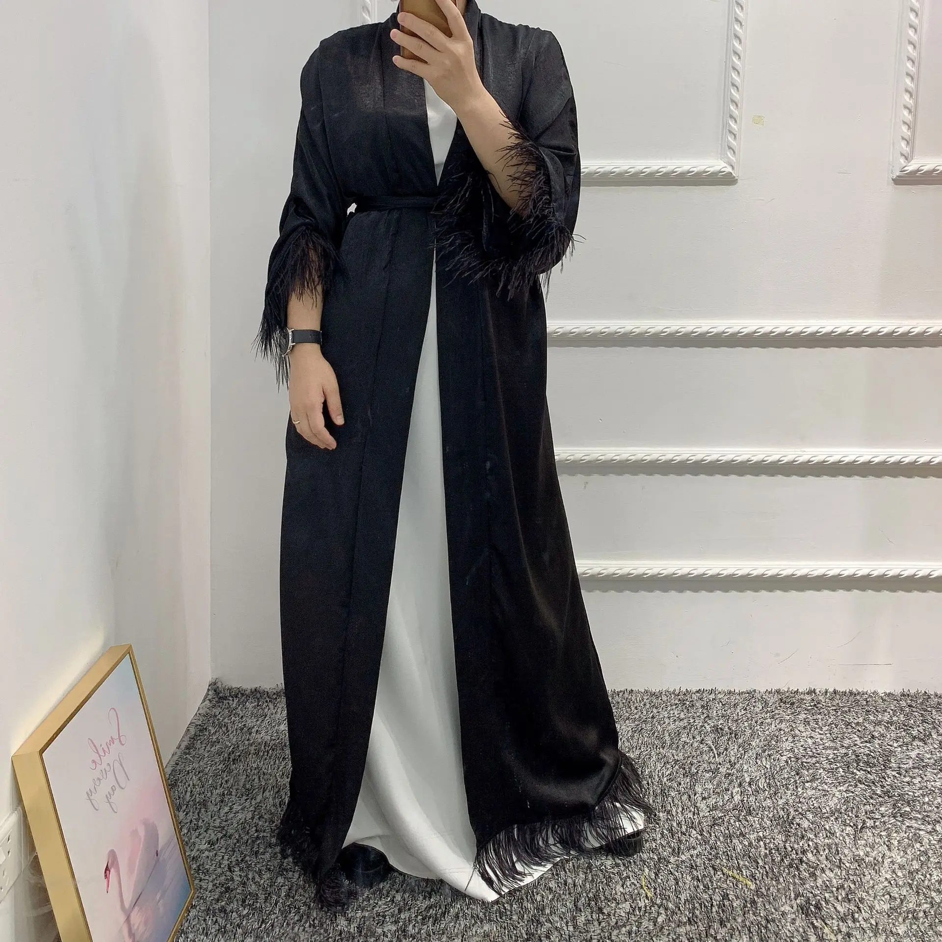 

Меховое кимоно Abaya с открытой передней частью, модное мусульманское женское хиджаб, платье с перьями, Дубай, турецкая исламская одежда, кард...