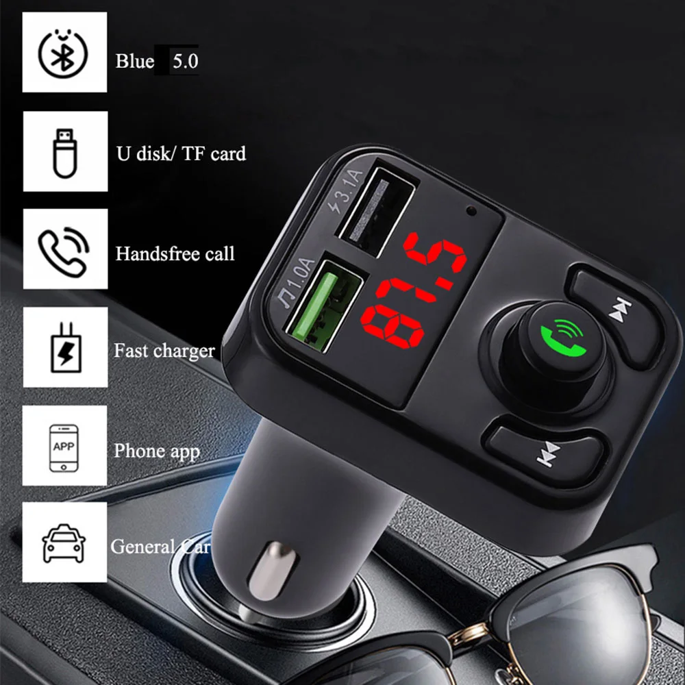 

Wireless Bluetooth-Compatible 5.0 FM Transmitter Handsfree Car Kit Audio Receiver MP3 Player USB Fast Charger блютуз адаптер