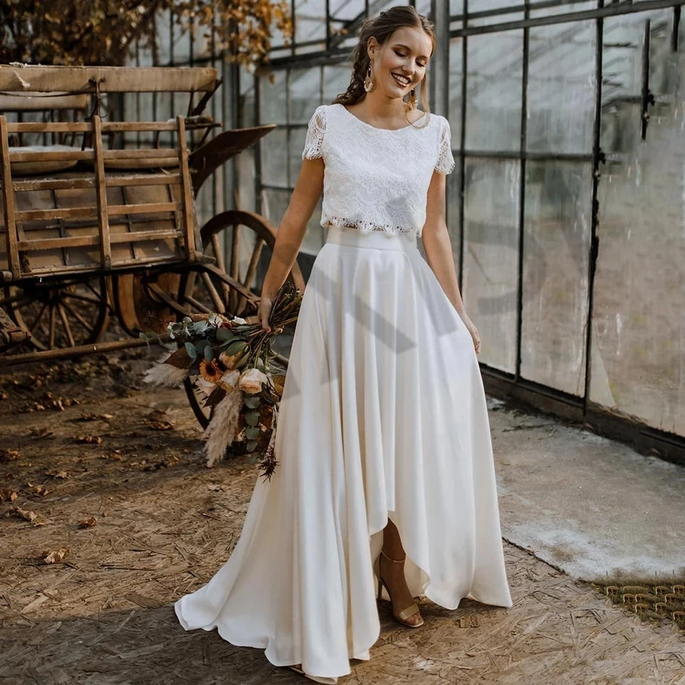 

Jasmine Wedding Dress Two Piece O Neck Illusion Short Sleeve Simple Bride Vestido Lace Pure Love Fomal Occasion Robe de mariée
