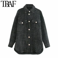 traf women fashion oversized faux pearl buttons jacket coat vintage long sleeve pockets female outerwear chic tops
