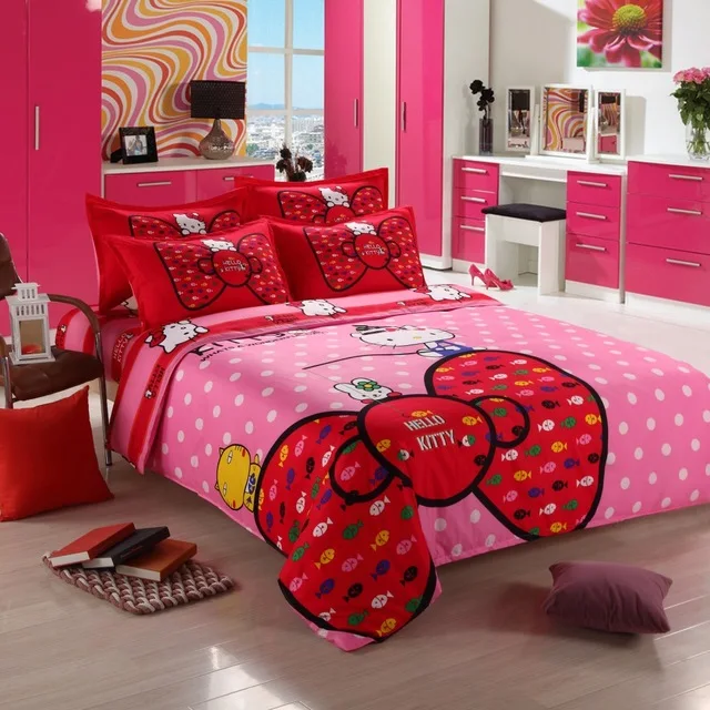 as picture Лучший. WENSD роскошный 3d постельное белье из хлопка с рисунком «hello kitty» 3/4 шт., простыня, пододеяльник, со шнурком, комплекты «king», «queen» Детская мультяшная одежда - Цвет: as picture