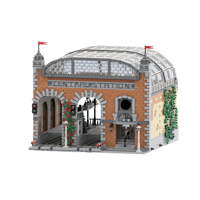 

MOC Modular Central Train Station Building Blocks Set Retro Street Scene View Architecture Toys For Children Birthday Xmas Gifts