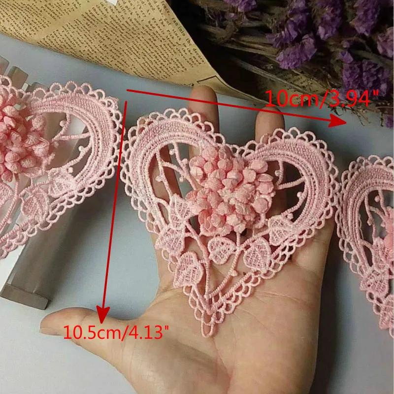 1 ярд розовых 3D сердечек хлопковая Цветочная кружевная отделка вышитая лента