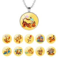 disney tigger animation pattern flat bottom glass dome pendant cartoon necklace gifts for girls cabochon jewelry hot sale tth01