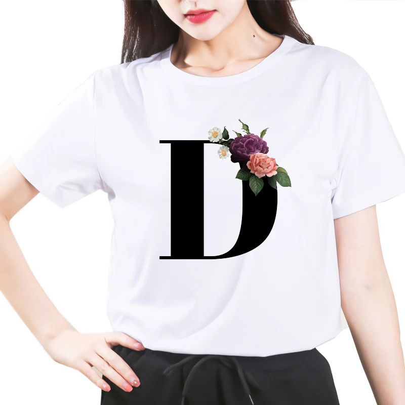 

Custom name 26 letter combination women's High quality printing T-shirt Flower letter Font D Short sleeve Clothes