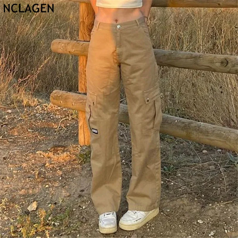 NCLAGEN 2021 осенние женские повседневные брюки цвета хаки с карманами высокой талией