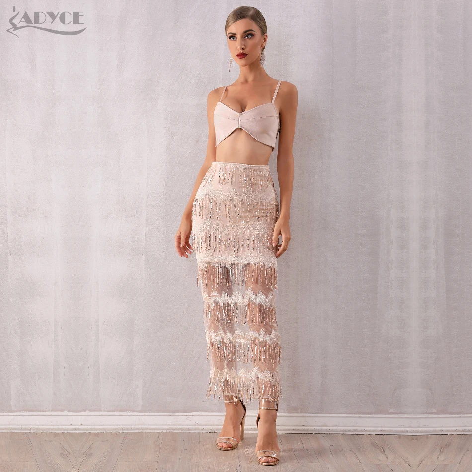 ADYCE, Новое поступление, женские наборы с блестками, Vestidos,, 2 предмета, набор на тонких бретелях, топ с кисточками, вечернее платье в стиле знаменитостей
