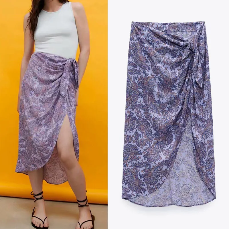 

Za Summer Purple Color Irregular Skirt Waist Tie Rope Front Split Skirt Behind Invisible Zipper Design Casual Sandy Beach Skirt