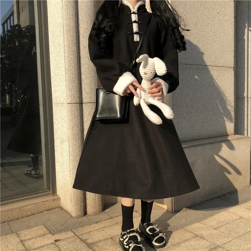 

Winter Chinese Style Vintage Long Sleeve Red Dress Women Lolita Kawaii Cheongsam Collar Retro Christmas New Year Black Dresses