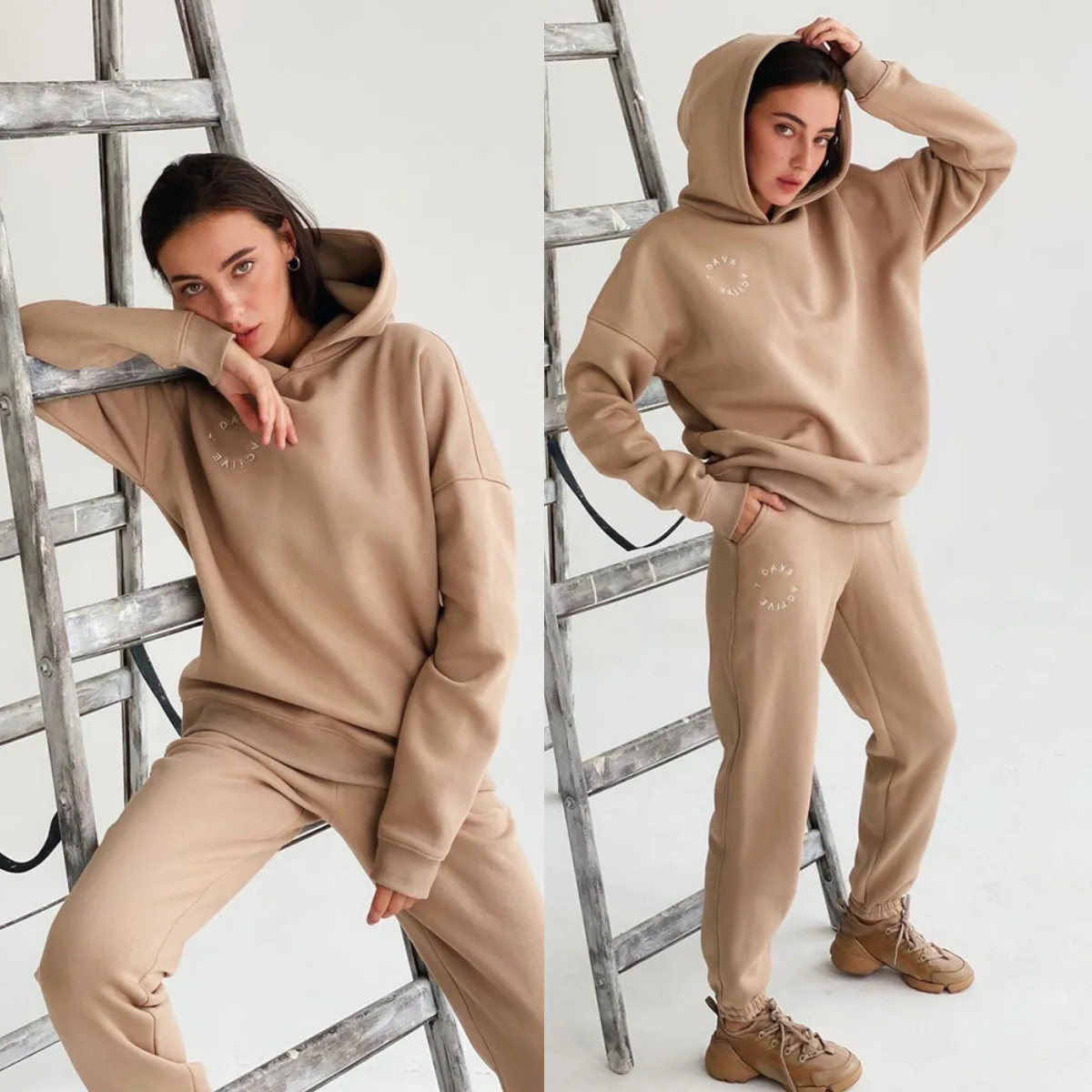 

Женский спортивный костюм, однотонная фиолетовая Толстовка с длинным рукавом и капюшоном и брюки, комплект из двух предметов, одежда для ос...