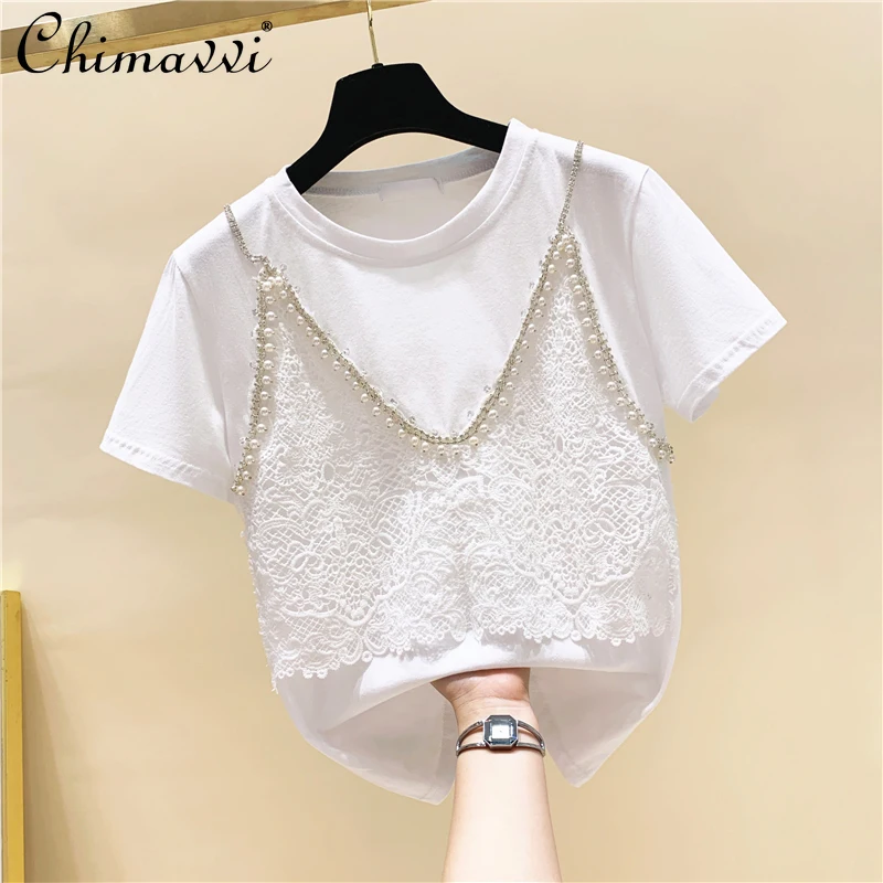 

Lace Stitching Fake Two-Piece Beads Rhinestones Short-Sleeved T-shirt Women's 2021 Summer All-match Top New Loose Fashion Tee