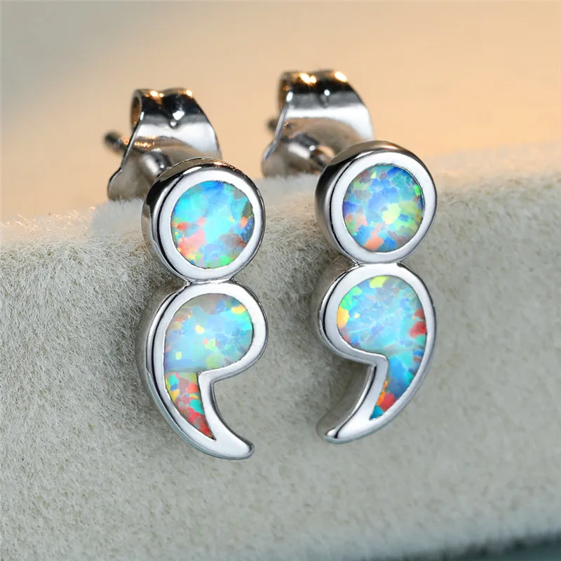

Cute Bridal Wedding Earrings For Women Vintage Silver Color Small Stud Earrings Minimalist Symbol White Blue Opal Stone Earrings