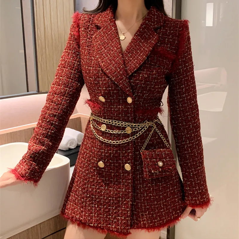 Женский твидовый блейзер в красную клетку золотистый двубортный пиджак плотный