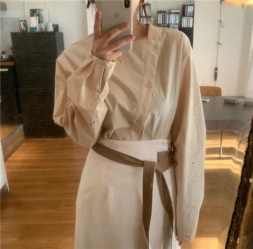 Асимметричные рубашки с рукавами-фонариками в Корейском стиле модные блузки