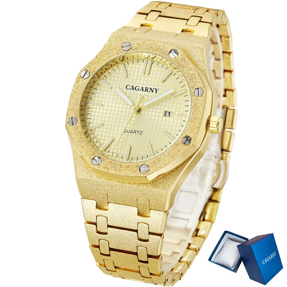 Часы мужские кварцевые из нержавеющей стали водонепроницаемые золотые 2021