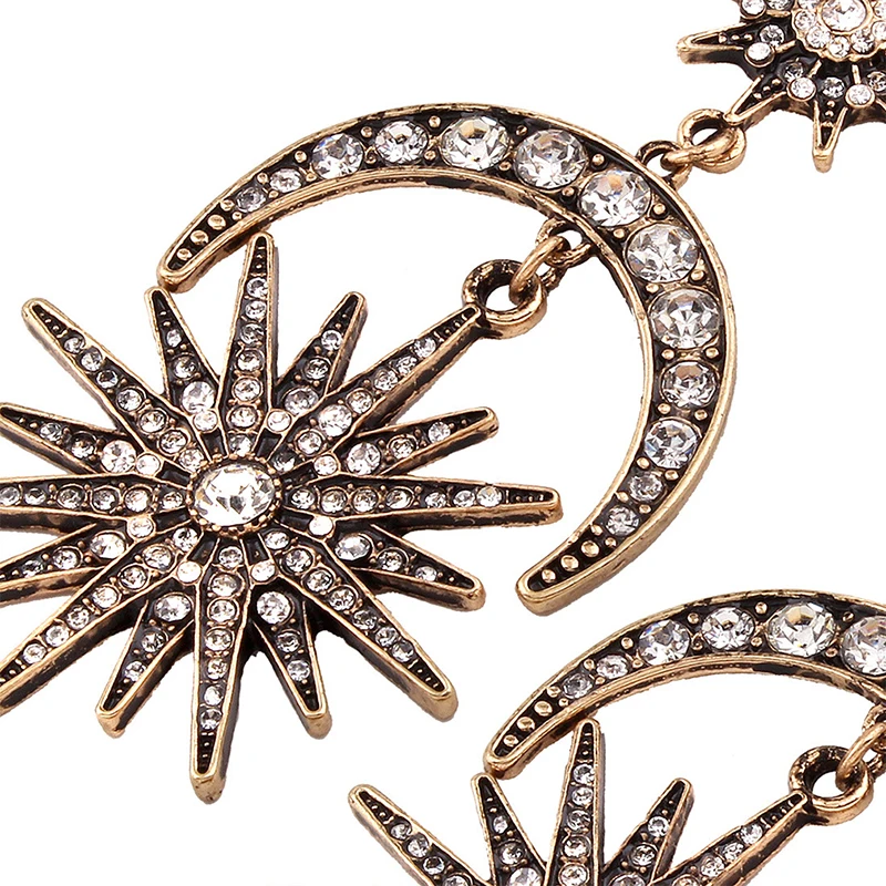 

Big Luxury Sun Moon Stars Drop Earrings Rhinestone Punk Earrings For Women Jewelry Golden Boho Vintage Statement Earrings