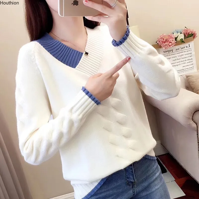 

Core Spun Yarn Women's Sweater Casual Long Sleeve Splicing Cotton Top New Fashion Spring Autumn V-Neck Slim Stretch Houthion