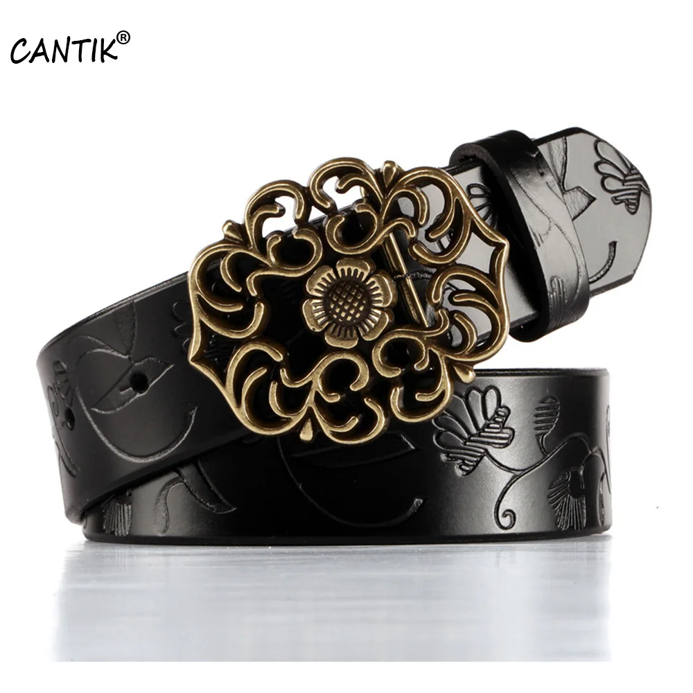 

CANTIK Women's Quality Floral Pattern Genuine Leather Belts Retro Style Slide Buckle Accessories for Women 3.2cm Width FCA107